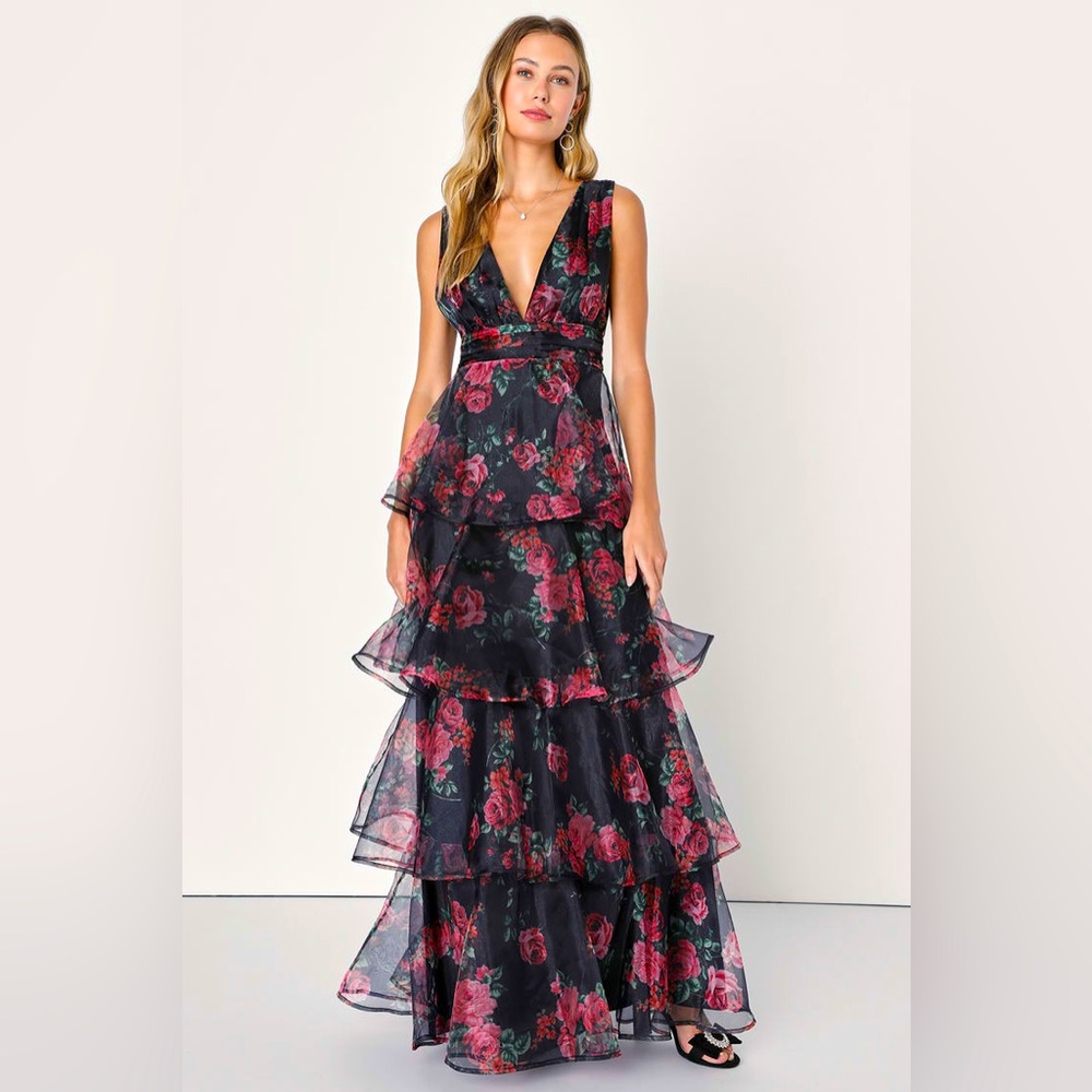 Lulus Garden Radiance Black Floral Print Organza Tiered Maxi Dress